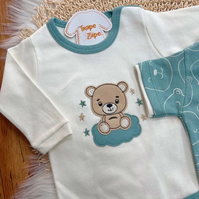 Conj. de Malha 3 peças - Bear Fofinho com Estrelinhas - Verde Menta e Gelo